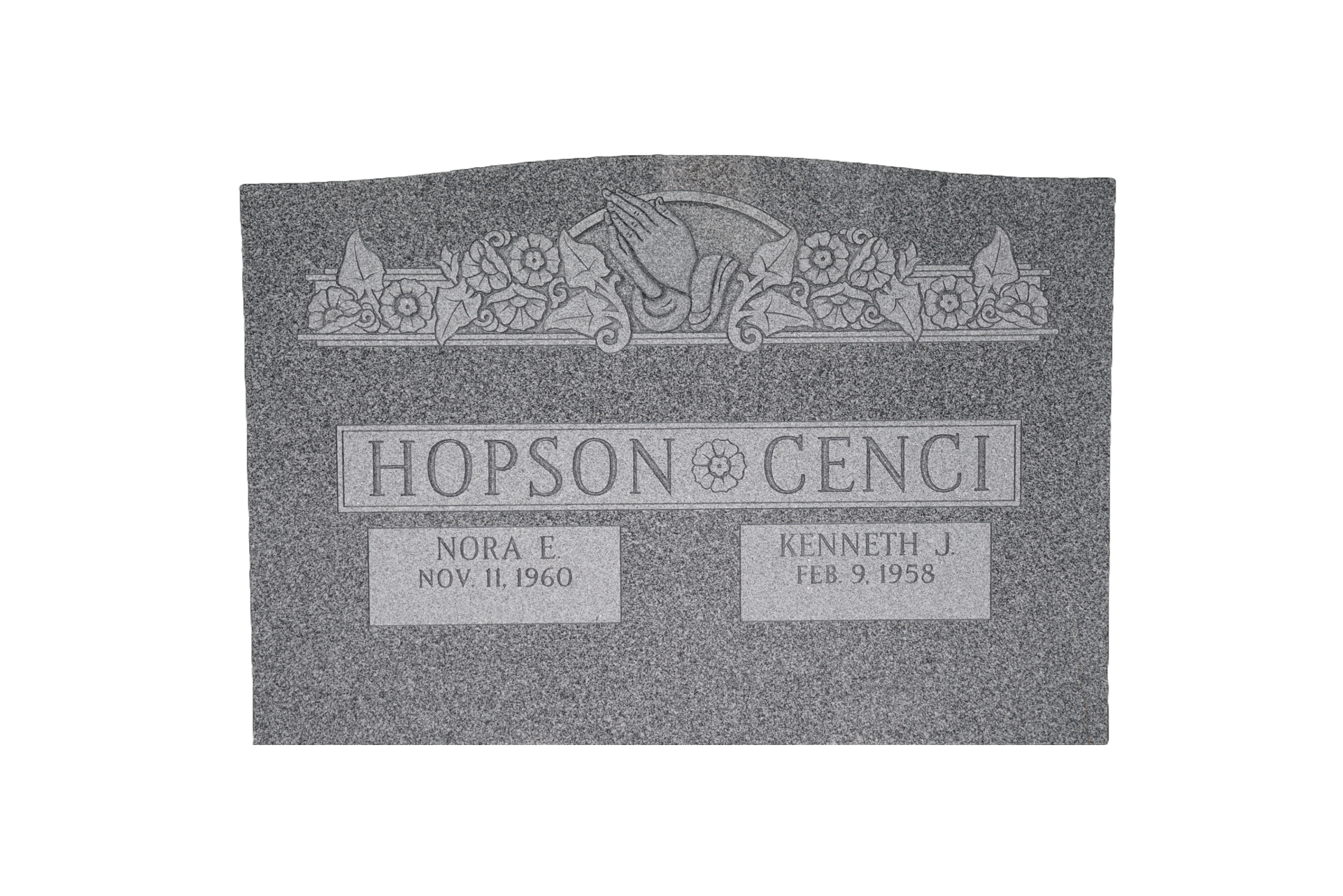 A gravestone for hopson and cenci is sitting on a wooden stand.
