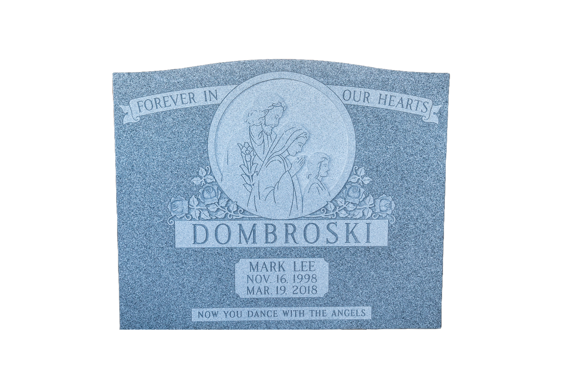 A gravestone for dombrovski is sitting on a wooden stand on a white background.