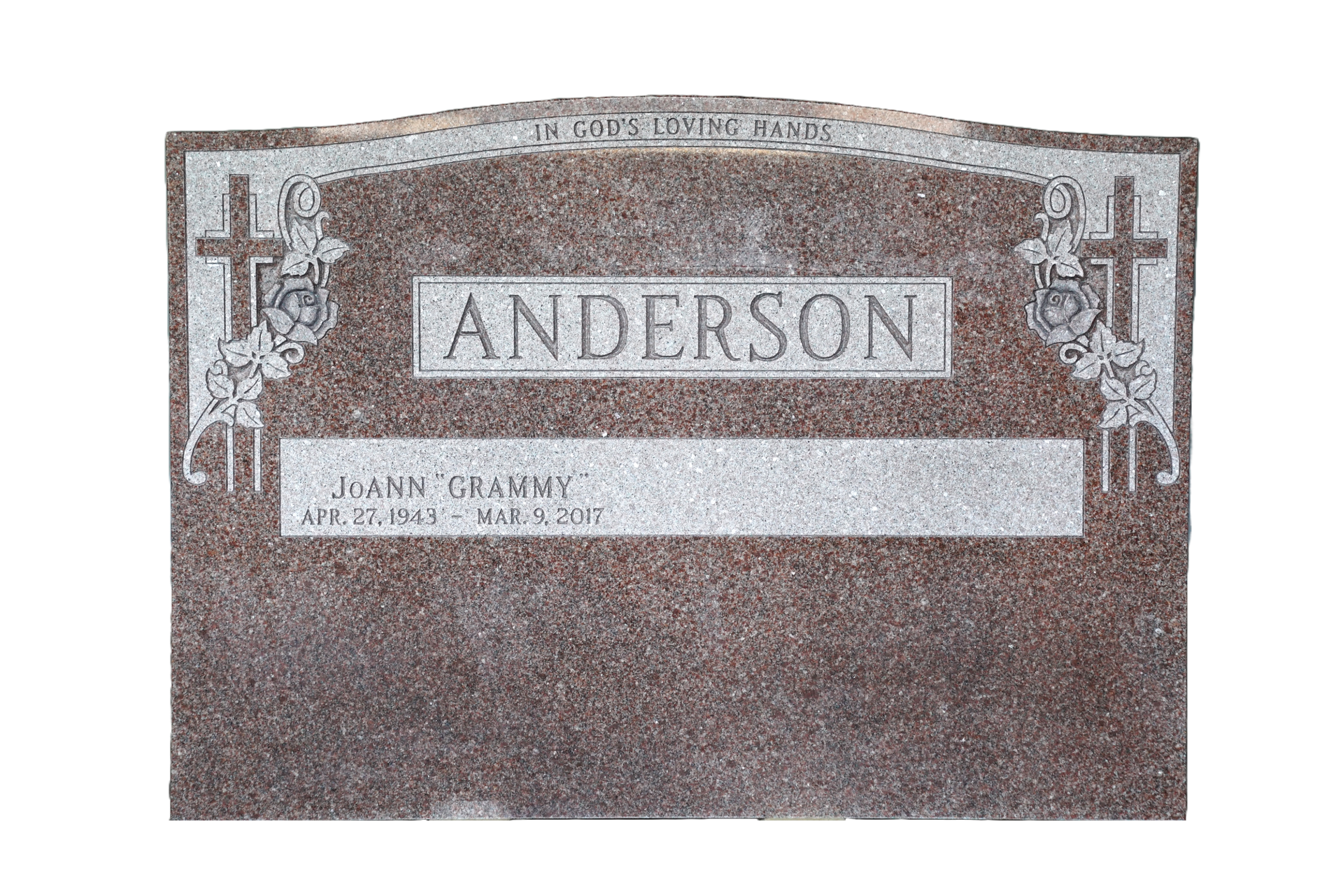 A gravestone for anderson is sitting on a wooden stand on a white background.