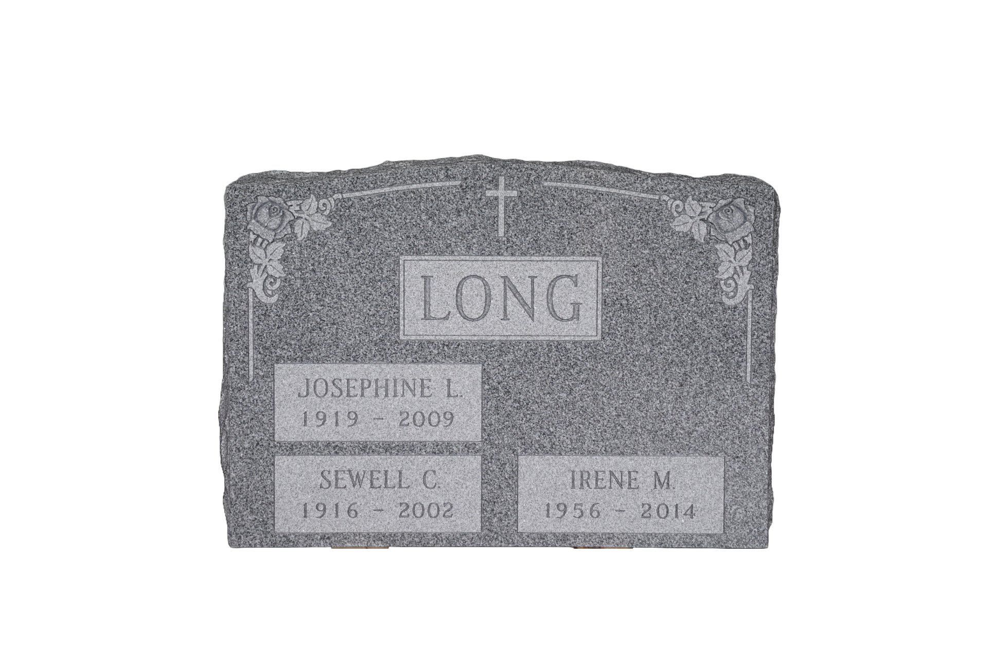 A gravestone with the name long on it is on a wooden stand.