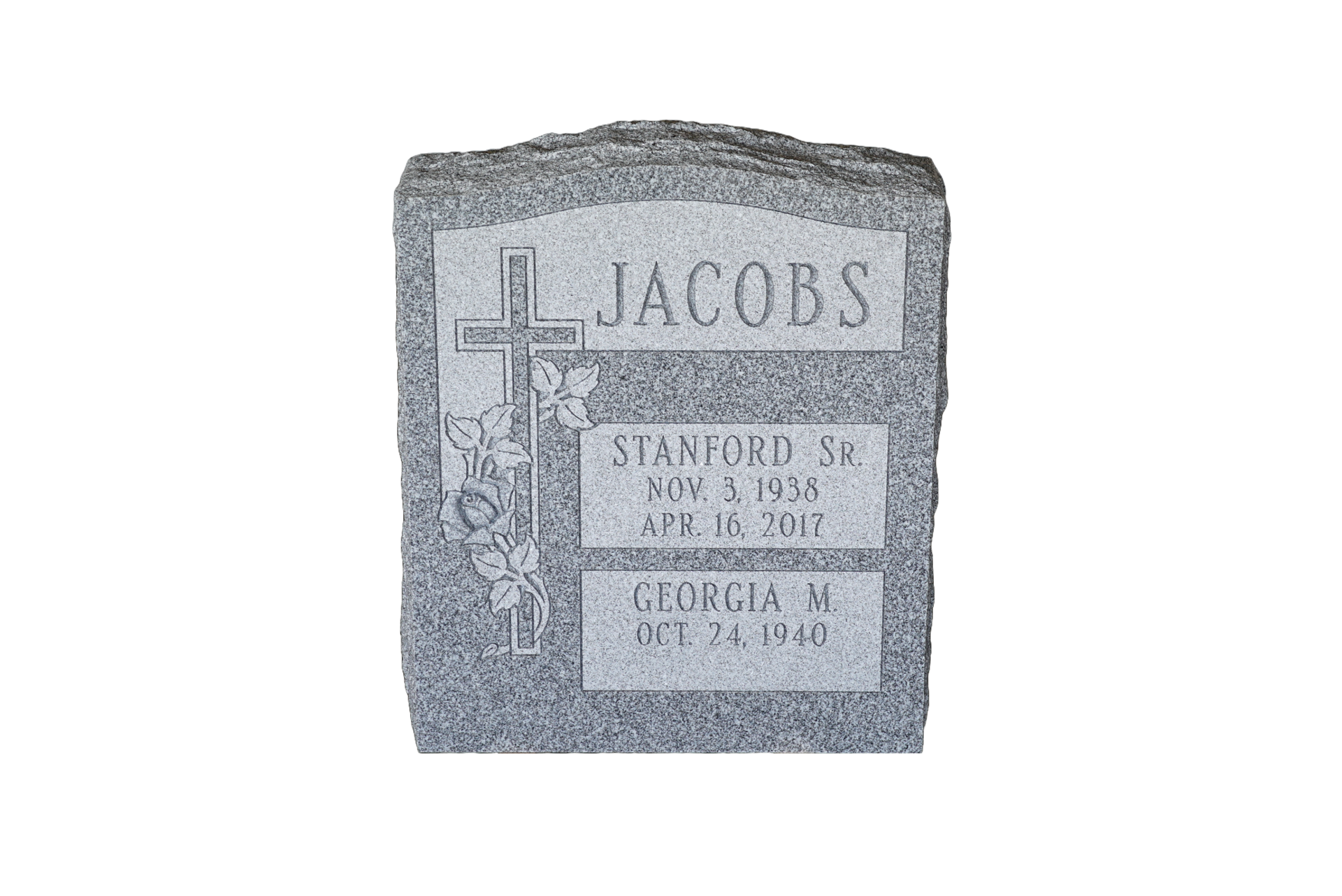 A gravestone for jacobs with a cross and flowers on it.