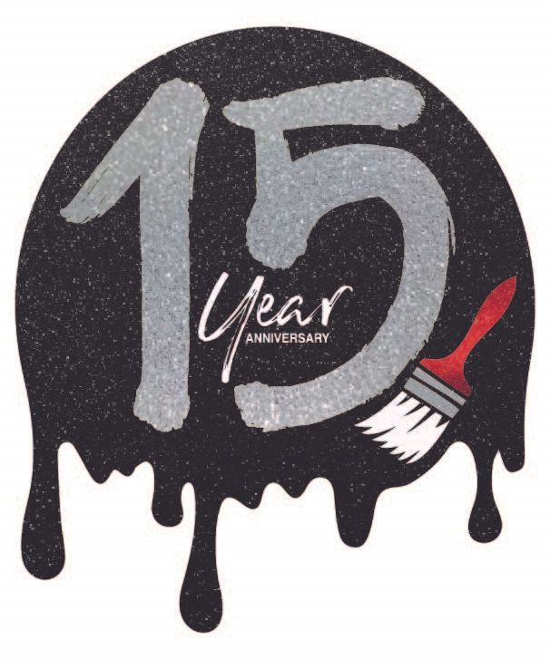 A 15 year anniversary logo with a paint brush