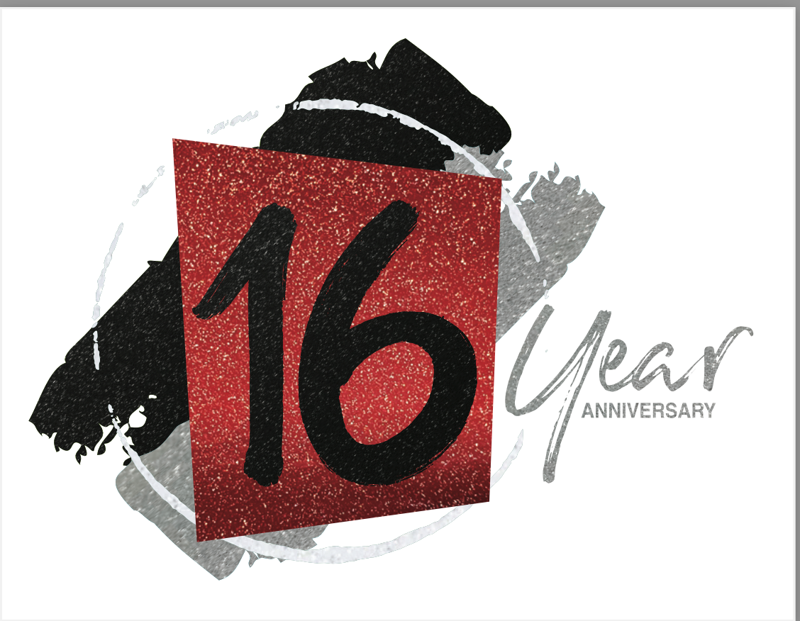 A 16 year anniversary logo with a paintbrush