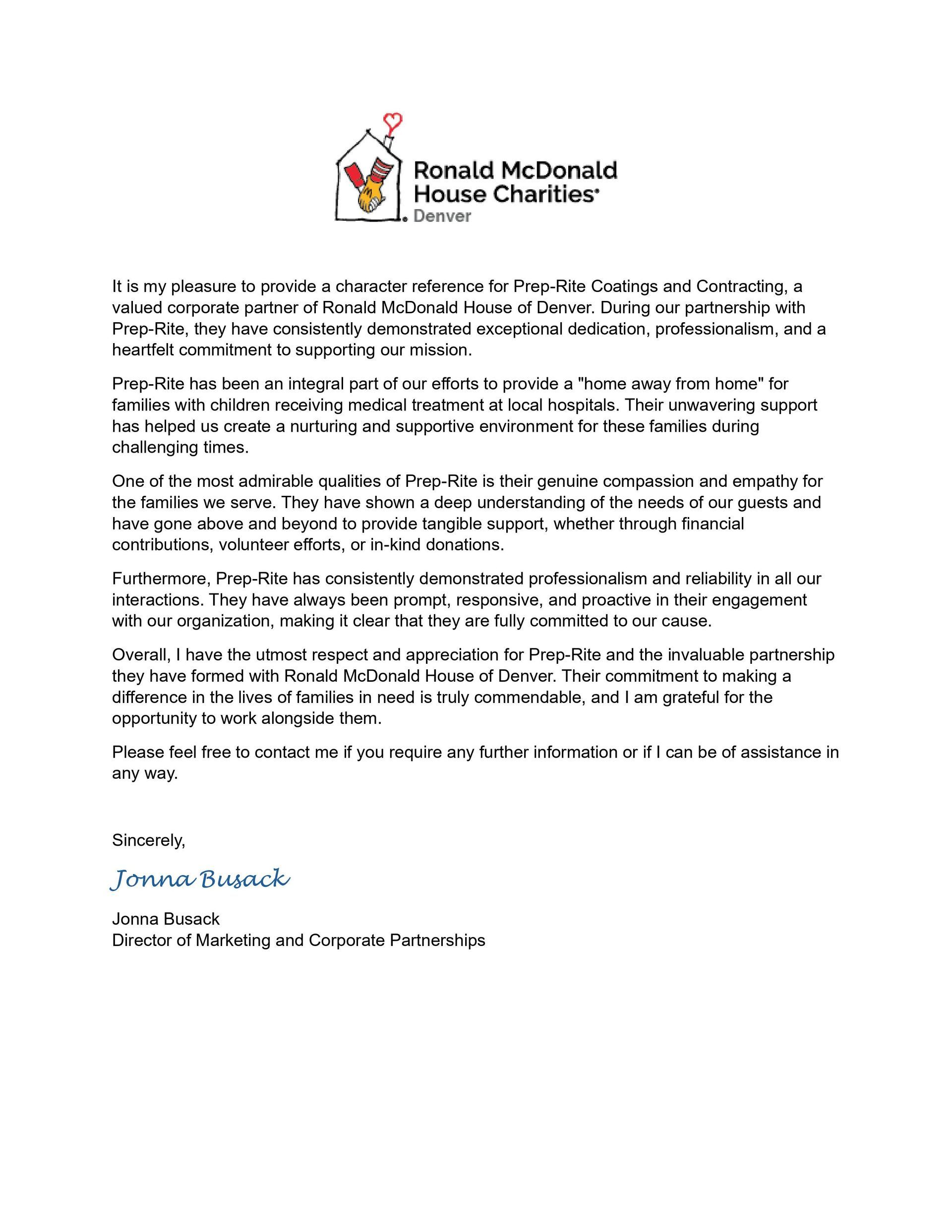 Letter from Ronald McDonald house 