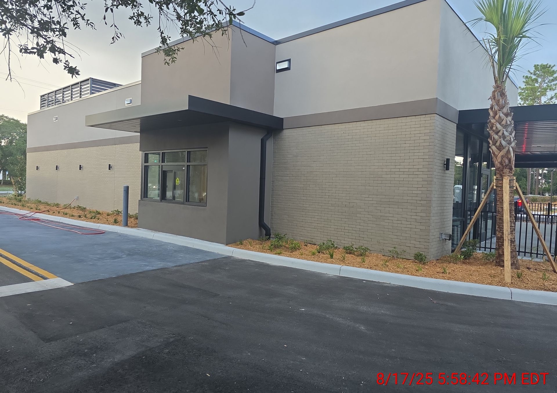 Drive-thru restaurant with gray walls, a drive-up window, and a small palm tree.