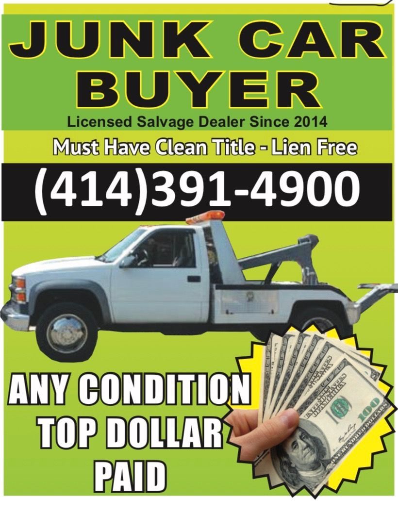 A junk car buyer advertisement with a tow truck and a hand holding money
