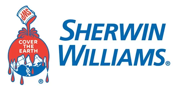Sherwin-Williams logo: Paint can pouring red paint over a globe; text