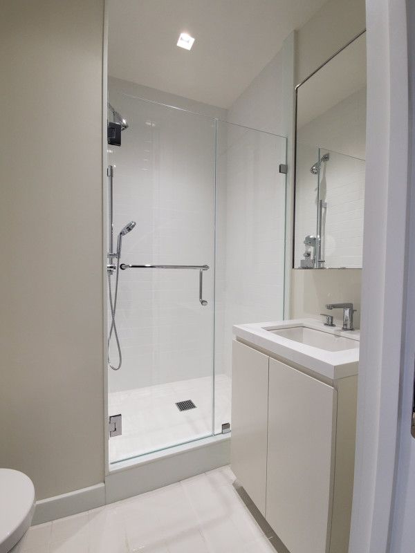 A bathroom with a toilet a sink and a walk in shower