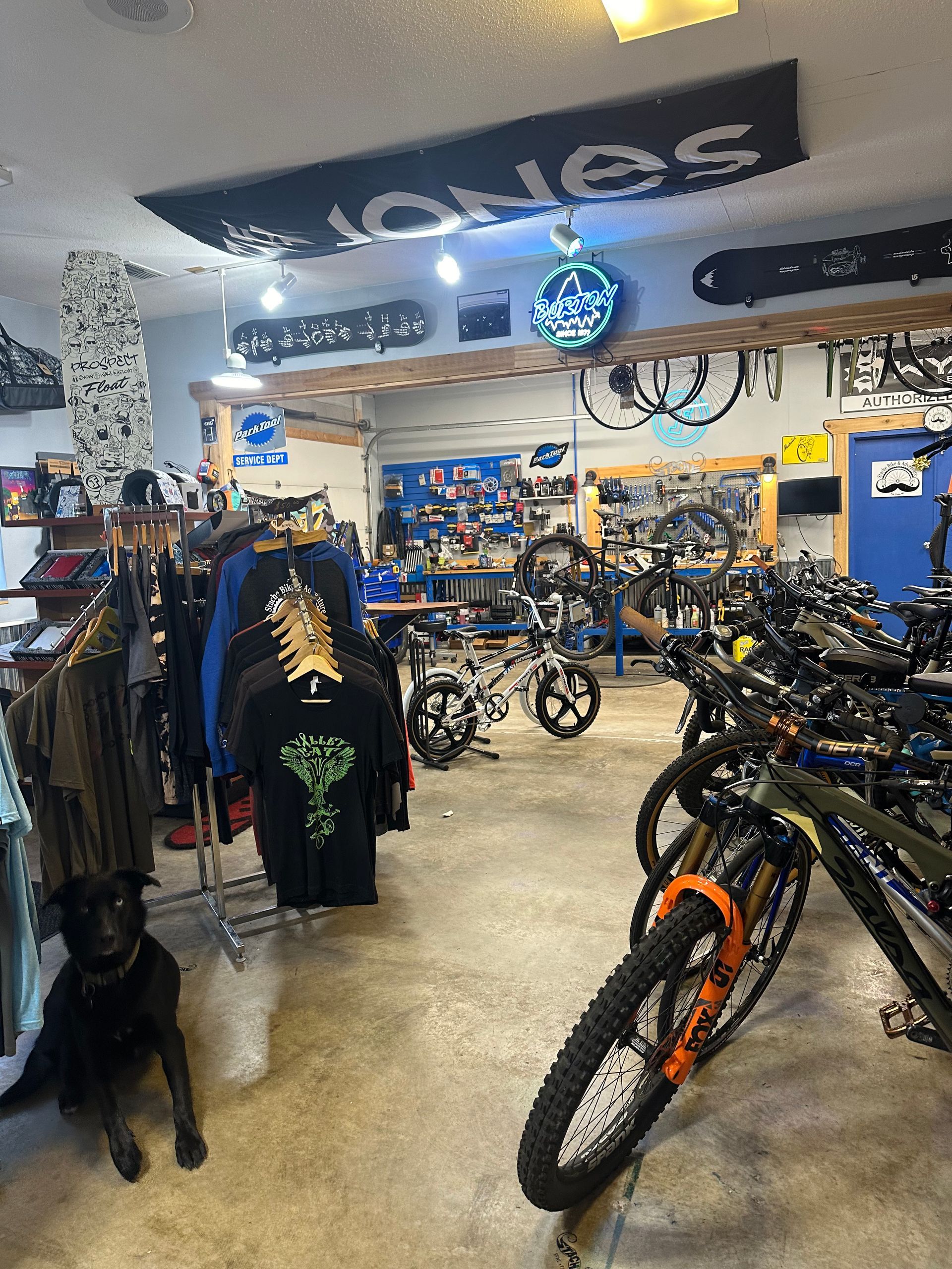 Bike shop interior with mountain bikes, clothing racks, and accessories on display