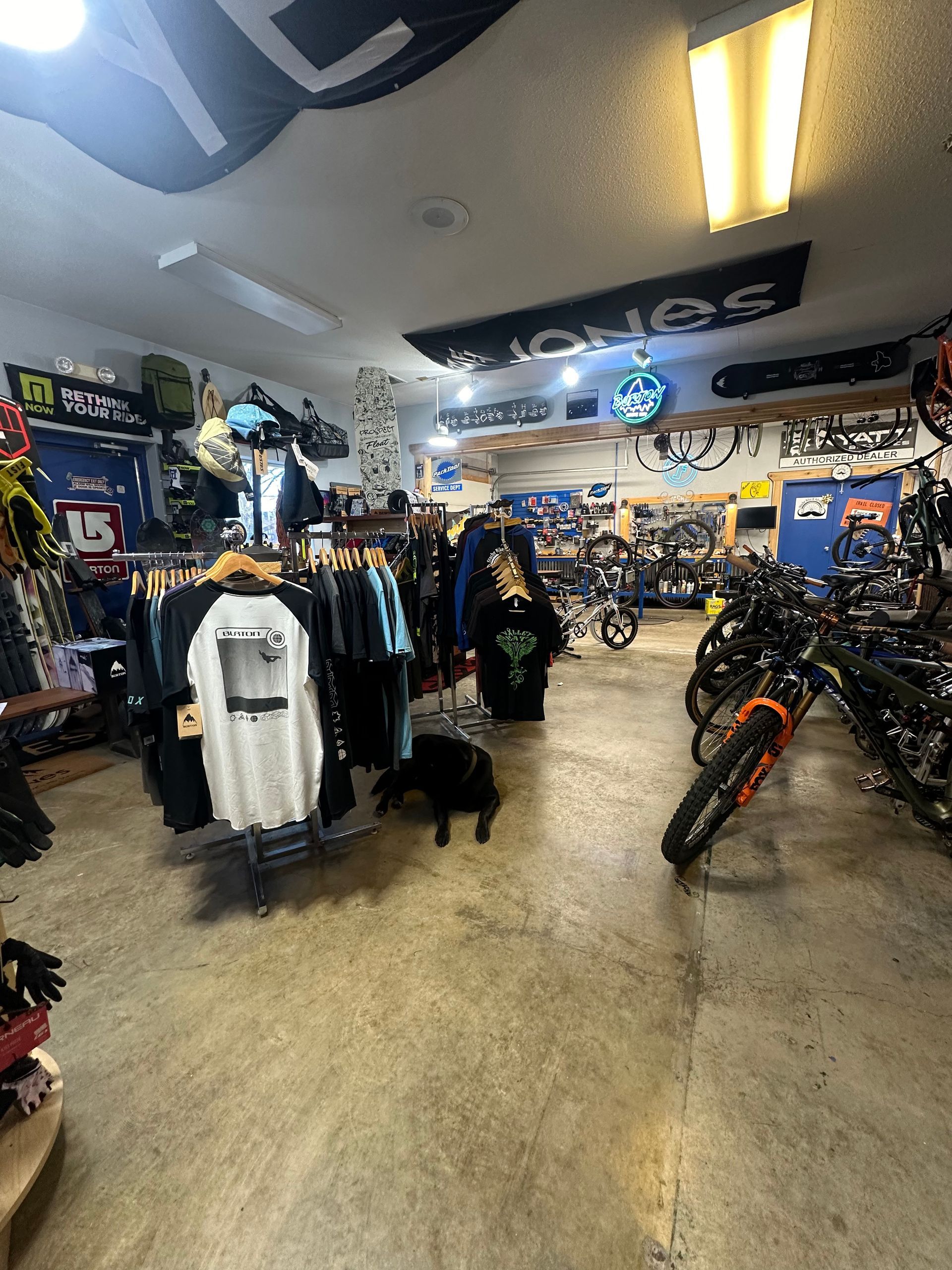 Indoor bicycle shop with clothing racks and several bikes on display under bright ceiling lights