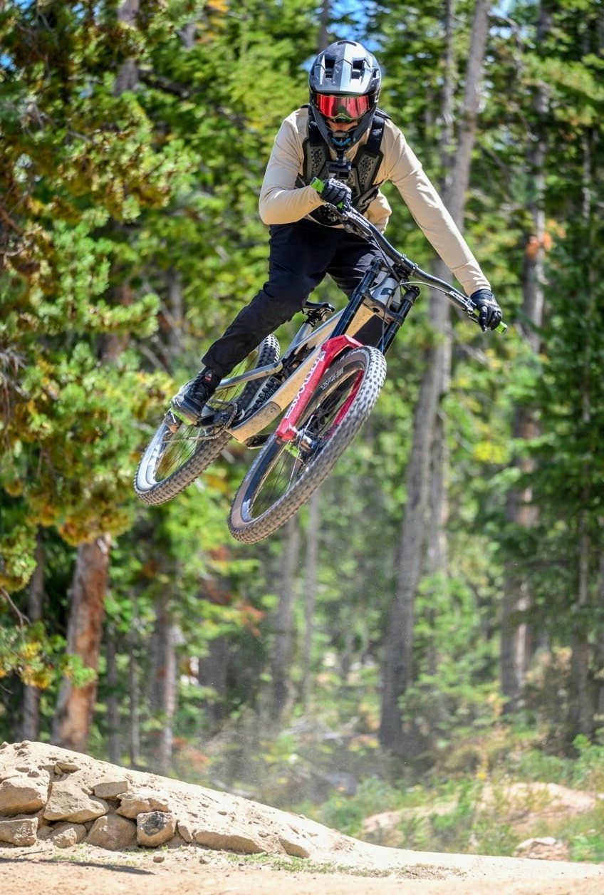 Mountain biker in black gear mid-air over a rocky trail in a forest