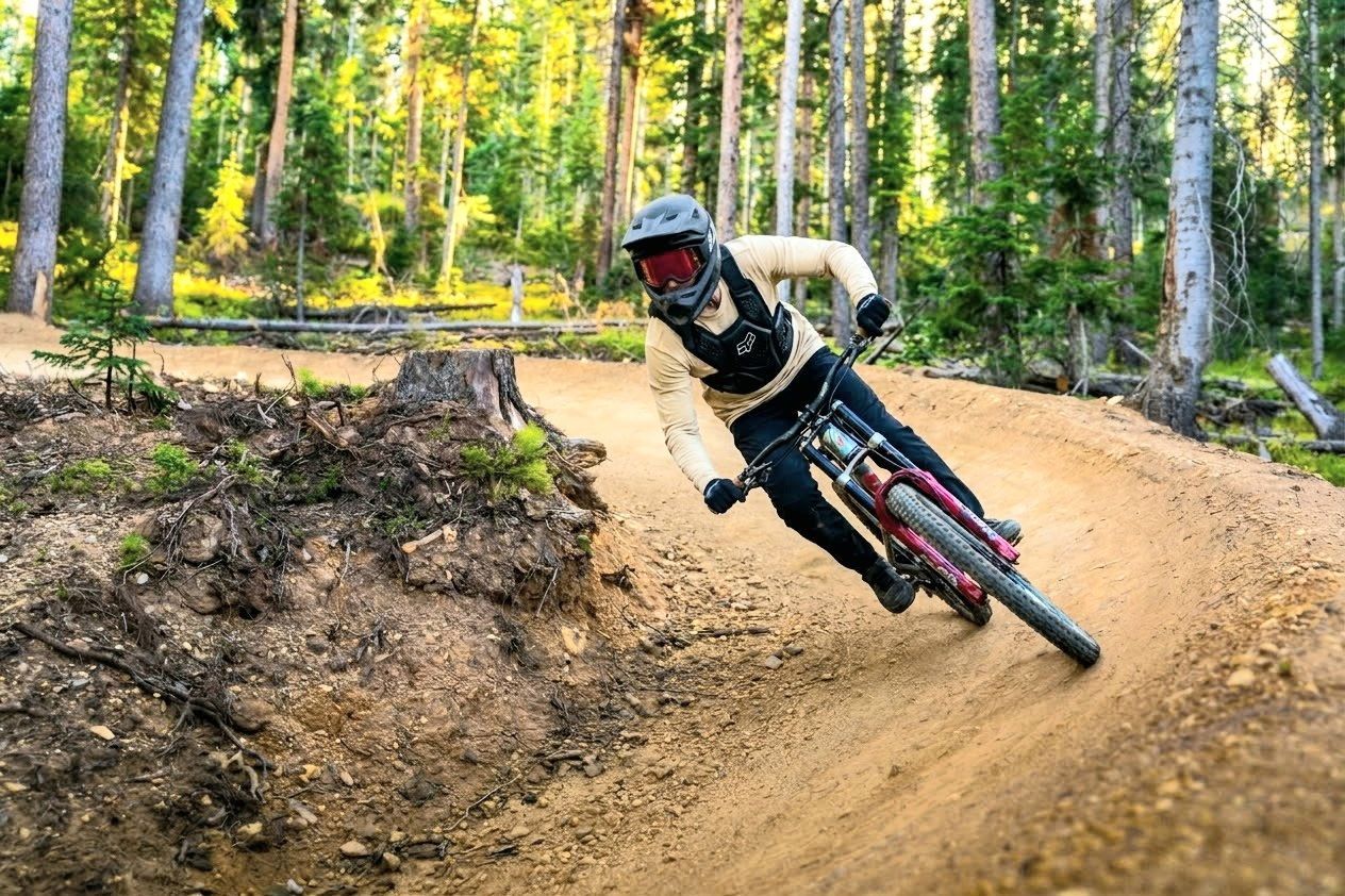 Mountain biker leaning into a dirt trail turn in a forest, kicking up dust.