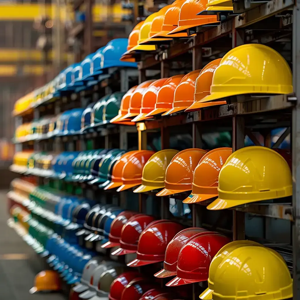 A row of hard hats of different colors are lined up on a rack.