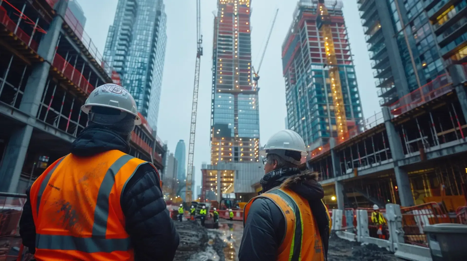 Two construction workers are standing in front of a building under construction.