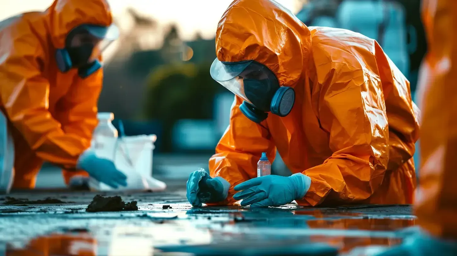 A group of people in protective suits and masks are looking at a crime scene.