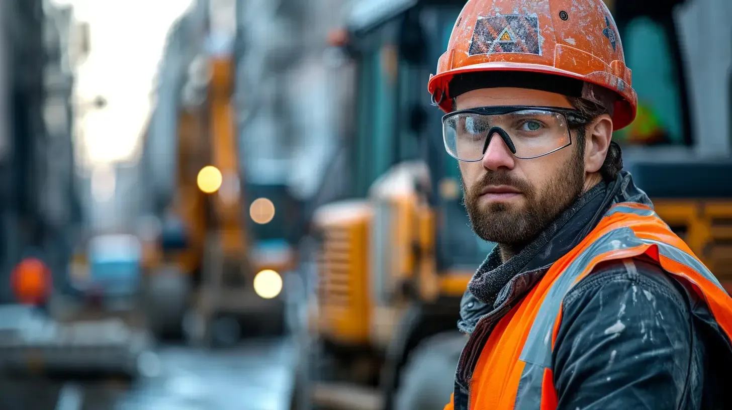 A construction worker wearing a hard hat and goggles is standing in front of a construction site.