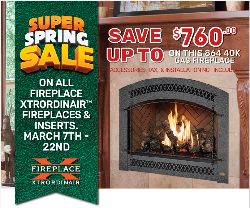 Super Spring Sale on fireplaces. Save up to $760 on a gas fireplace. March 7th-22nd.