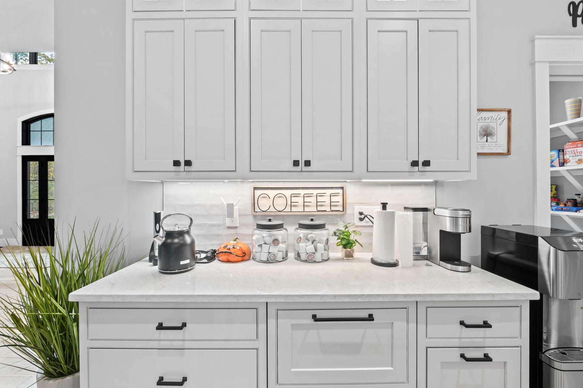 White kitchen counter with coffee station, cabinets, mugs, grinder, and small plants
