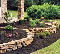 Retaining wall and mulch around flower beds