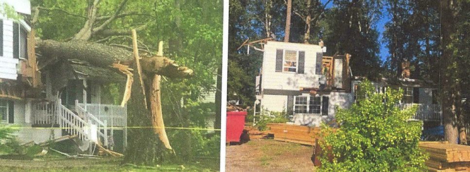 Two pictures of a house with a tree fallen on it.