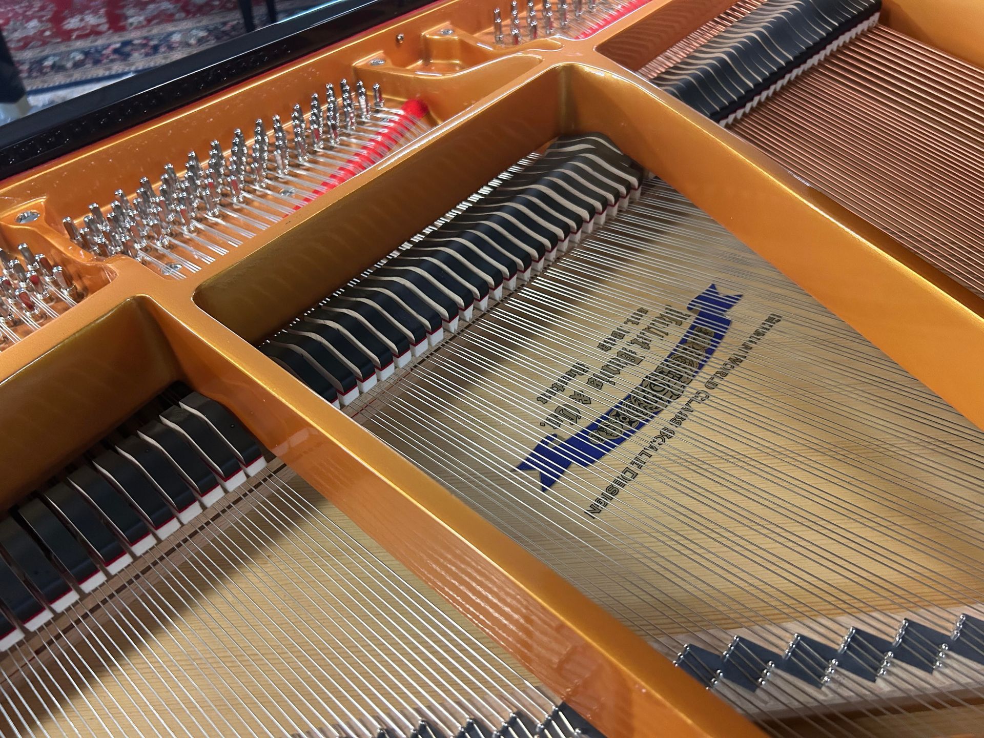 Close-up of the interior of a grand piano, showing the golden metal frame, tuning pins, and taut steel strings.