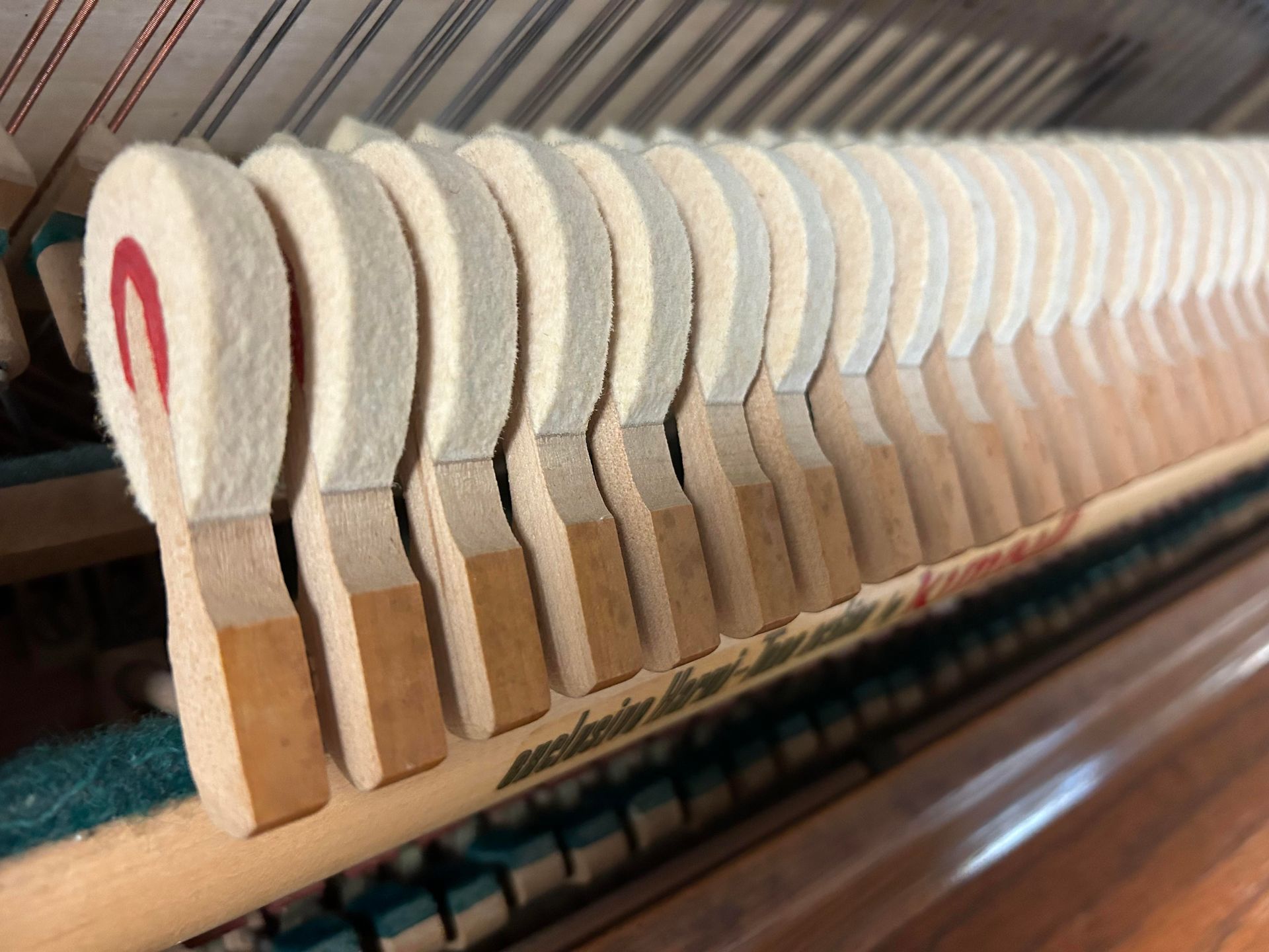 A close up of the inside of a piano.