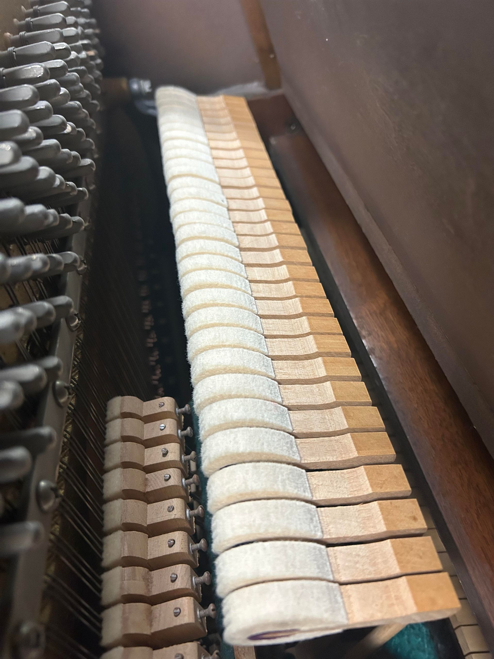 A close up of the inside of a piano keyboard