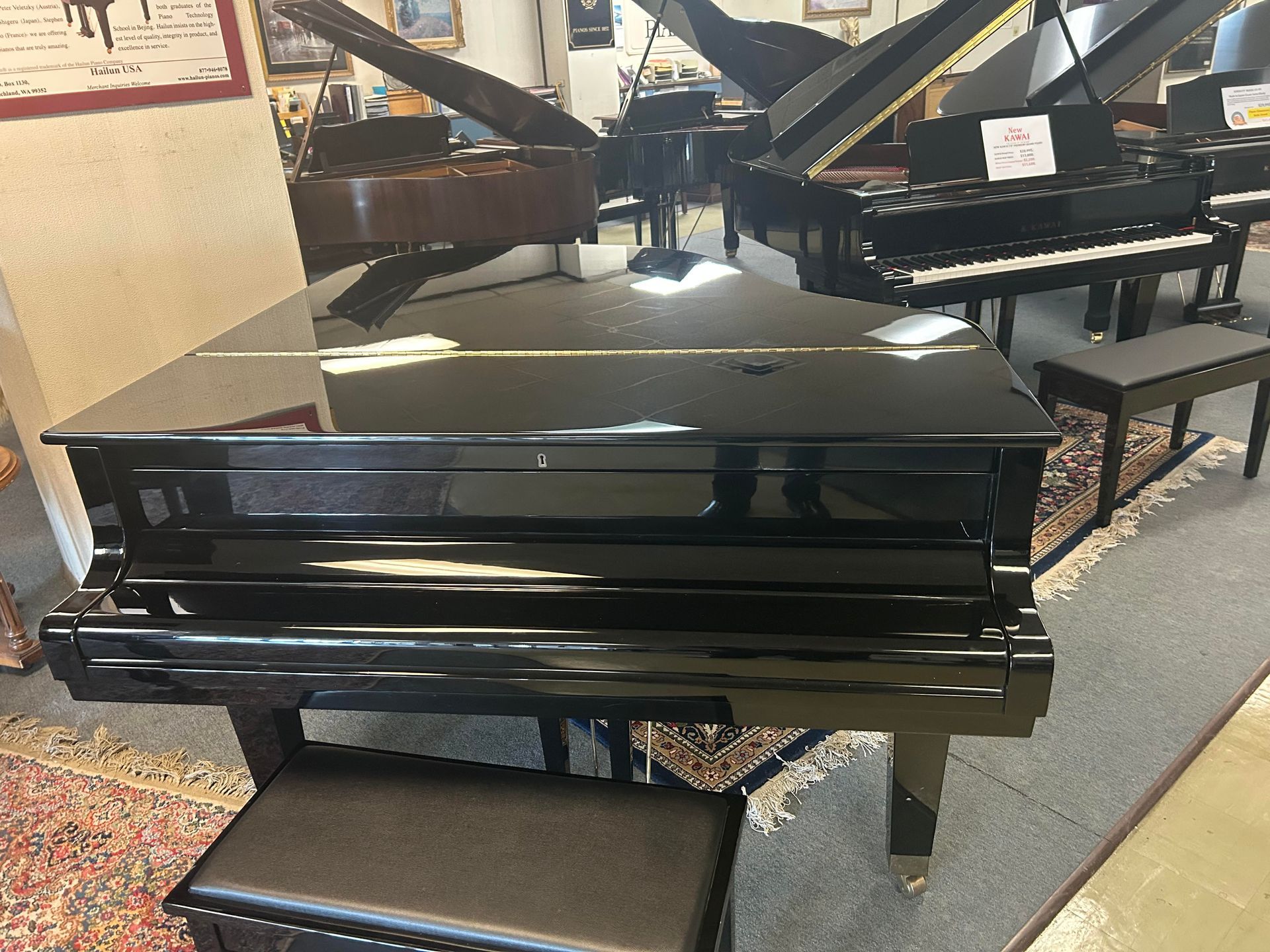 Black grand piano in a showroom, with a matching bench and several other pianos in the background.