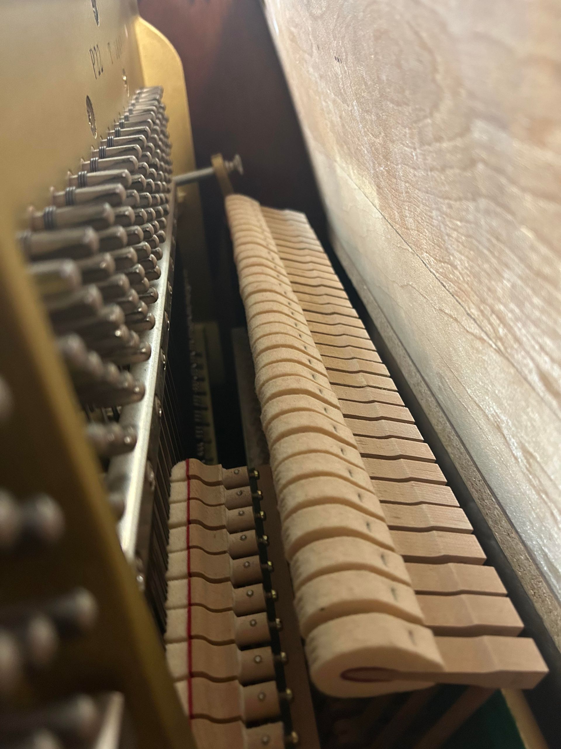 Interior view of a piano showing hammers, strings, and wooden structure. Beige, brown, and gold hues dominate.