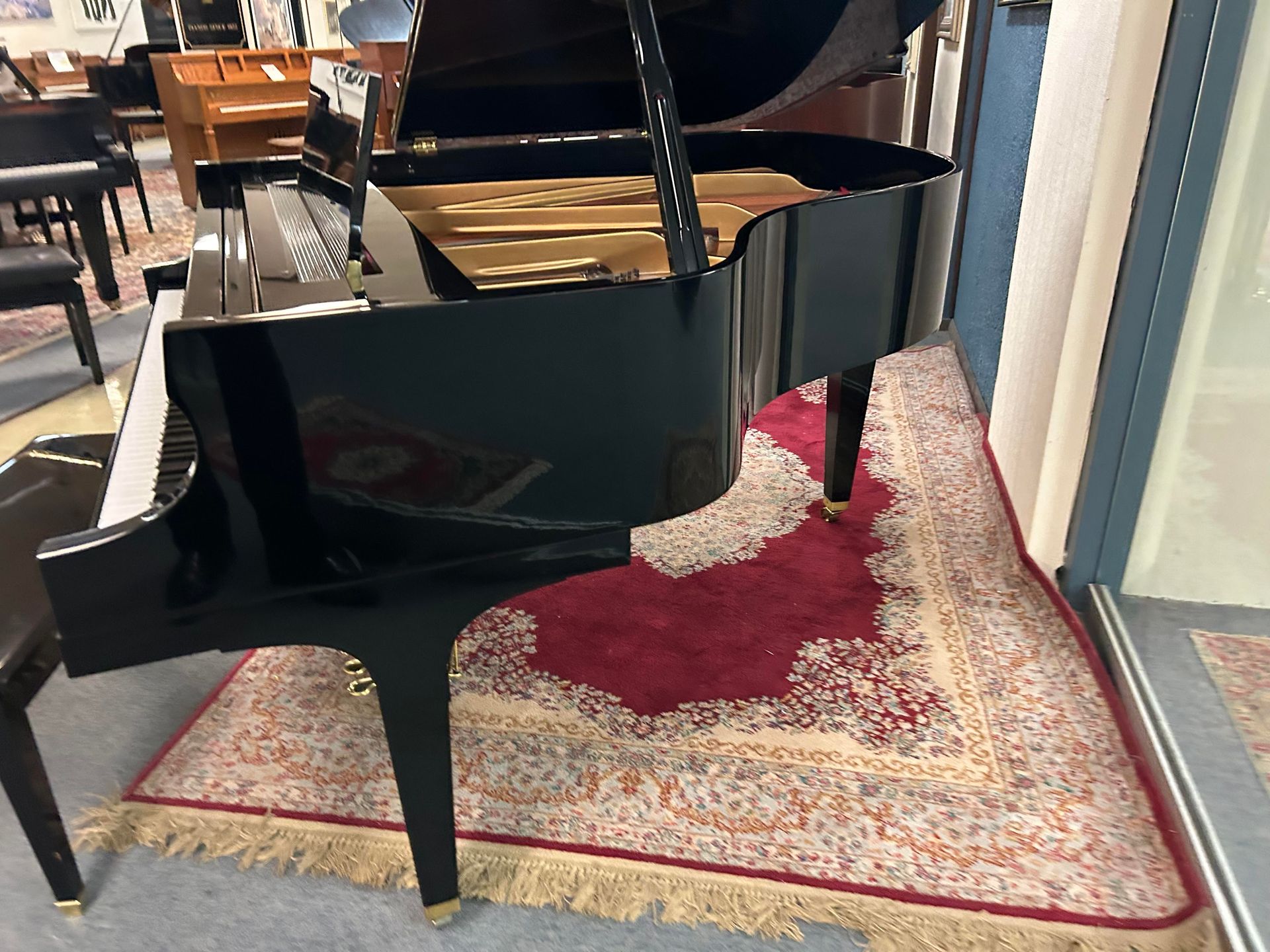 Black grand piano on a red rug with gold trim in a showroom.