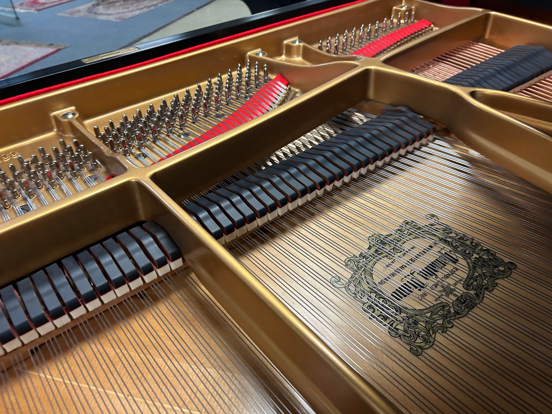 Inside view of a grand piano showing strings, hammers, and soundboard with an ornate logo.