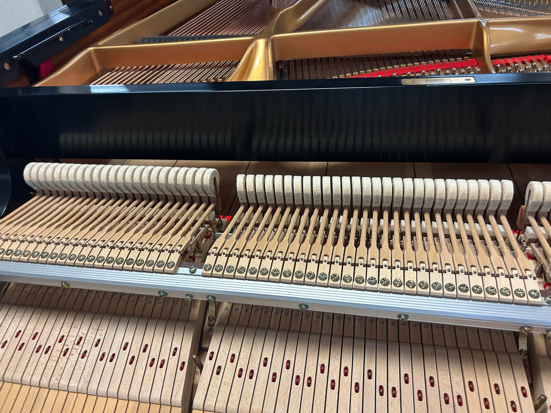 Inside view of a grand piano showing wooden hammers and strings.