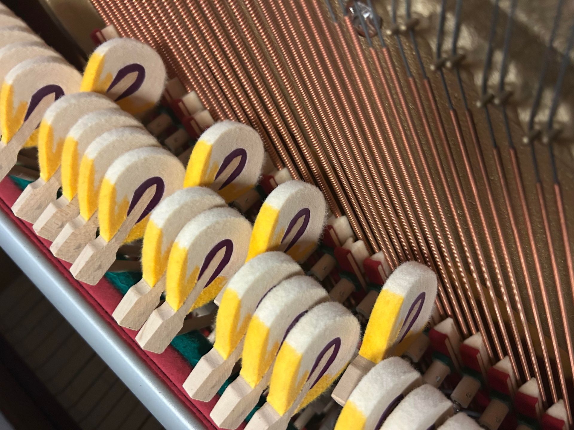 A close up of the inside of a piano with yellow and purple keys