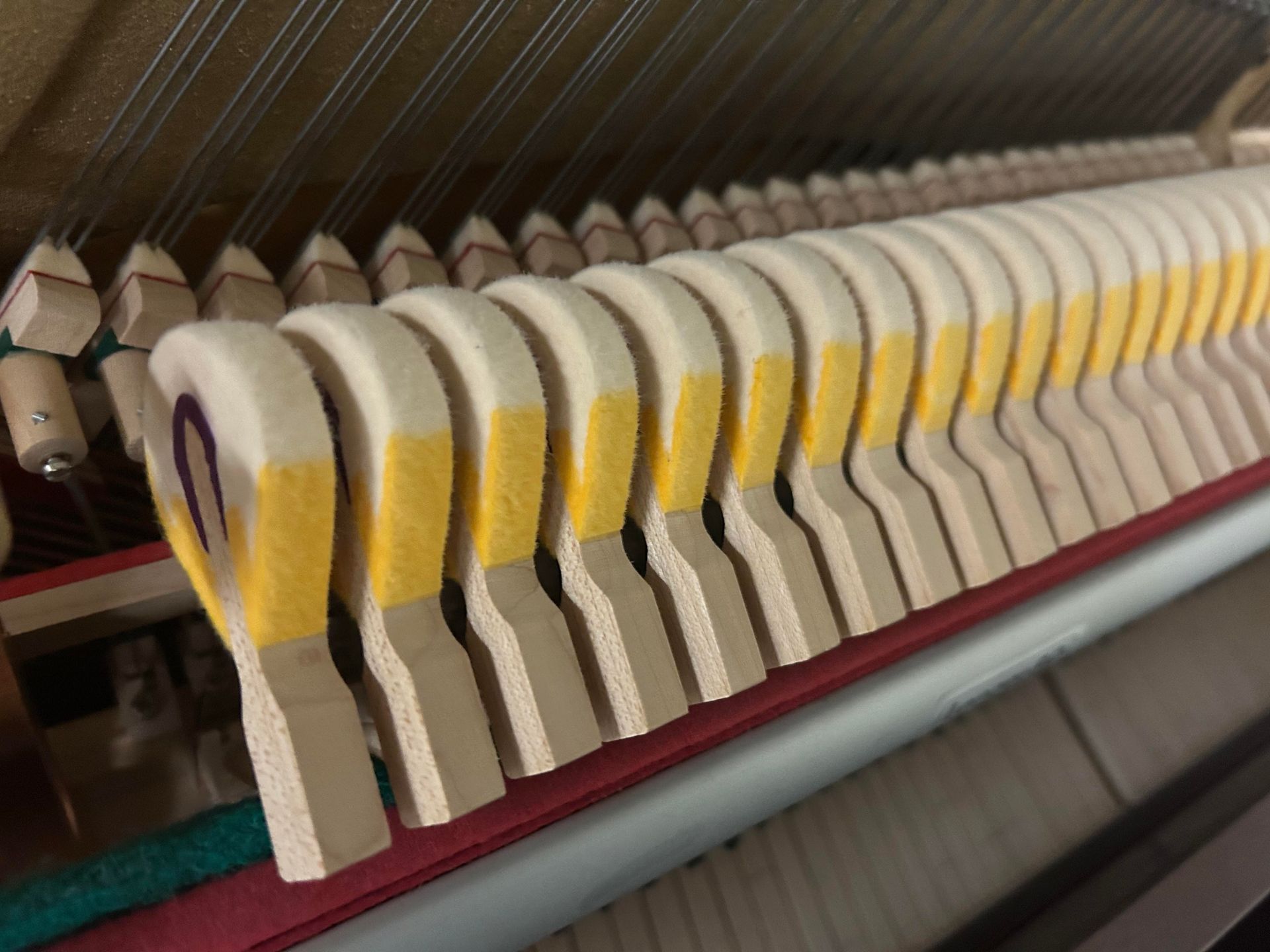 A close up of the inside of a piano with yellow keys
