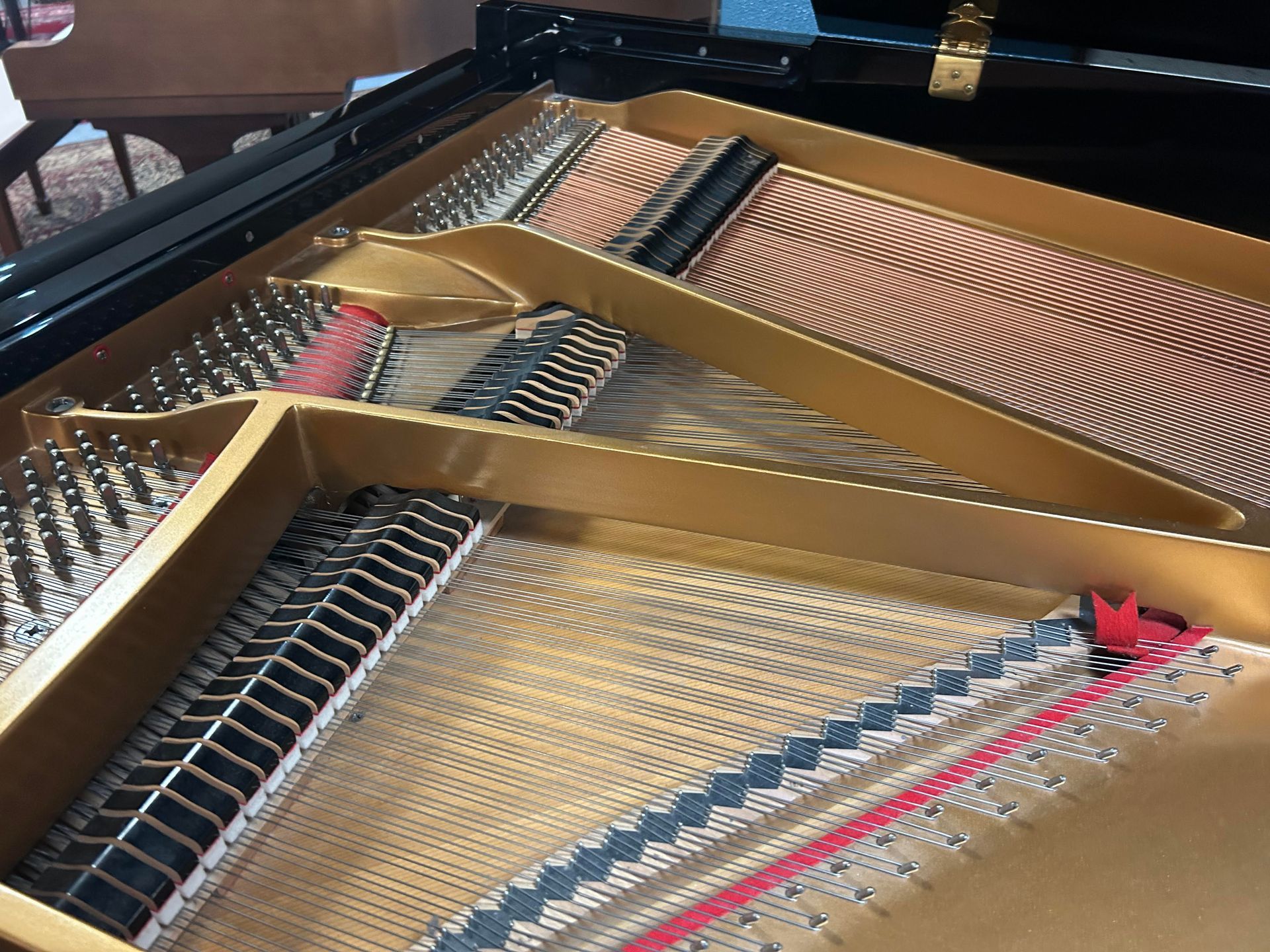 A close up of the inside of a grand piano.