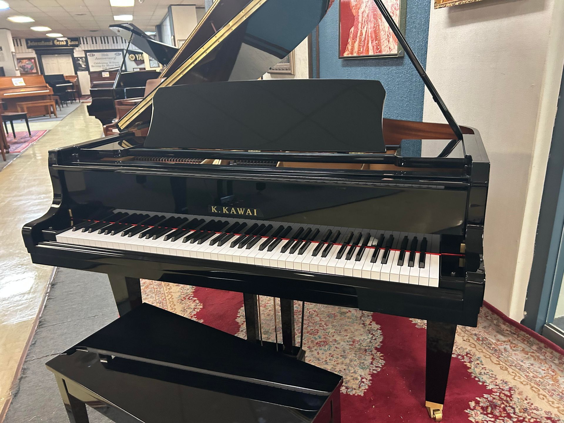 Black grand piano with bench on patterned rug in a showroom.
