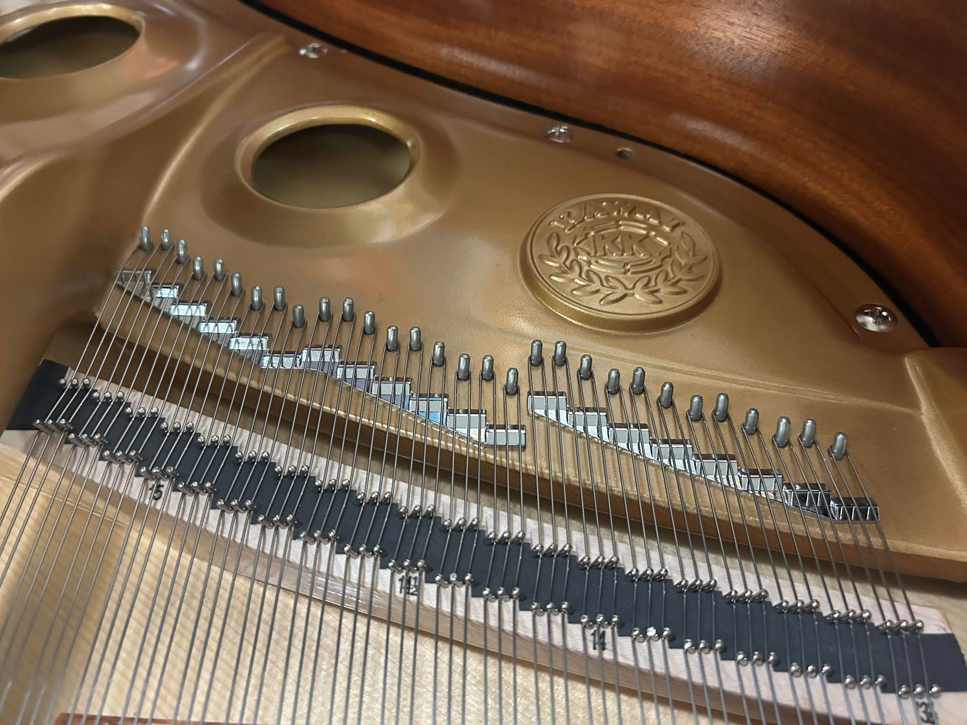Interior of a golden grand piano showing strings, tuning pins, soundboard, and a decorative emblem.