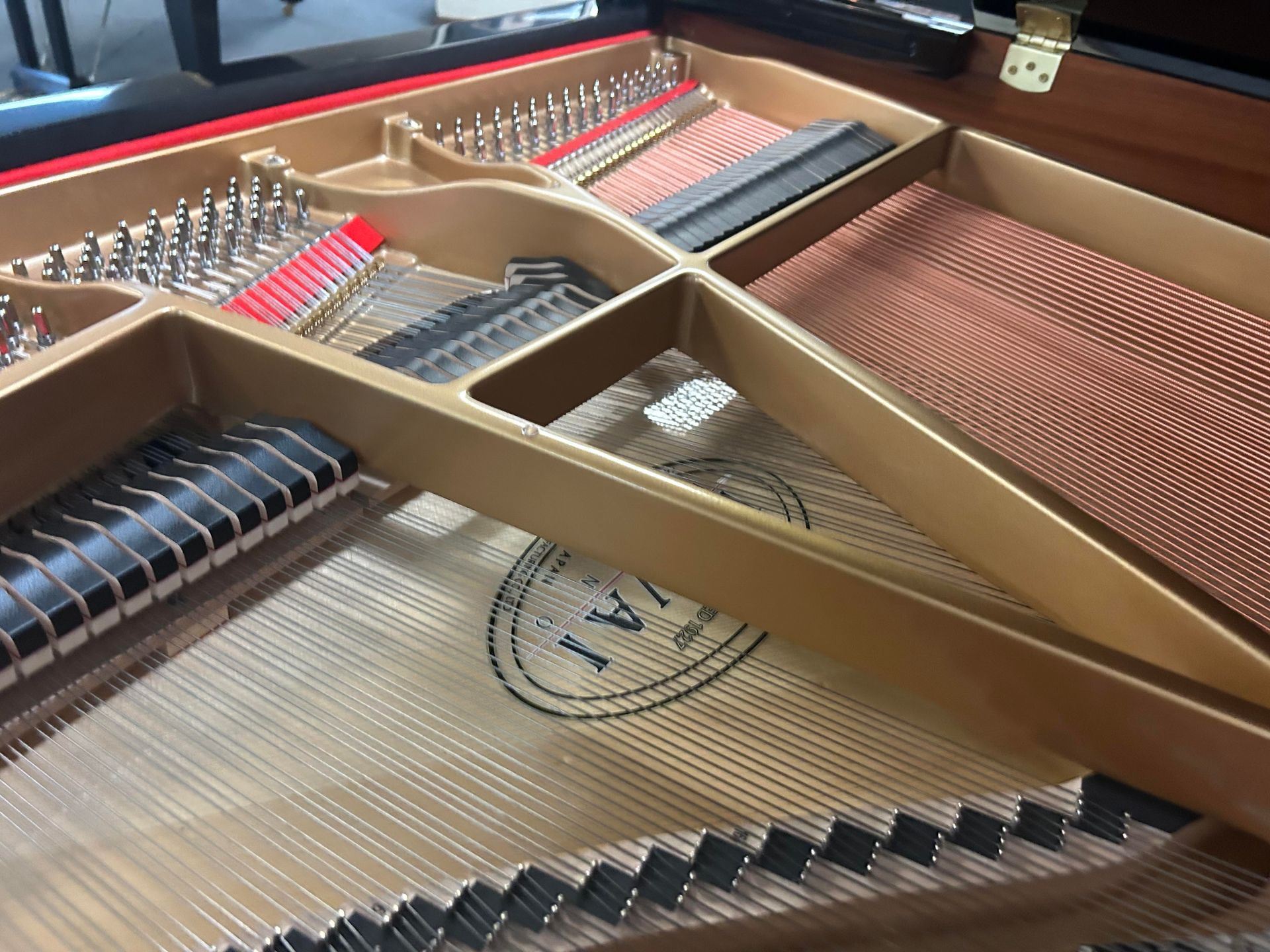 Interior of a grand piano. Copper-colored soundboard, strings, hammers, and tuning pins visible.
