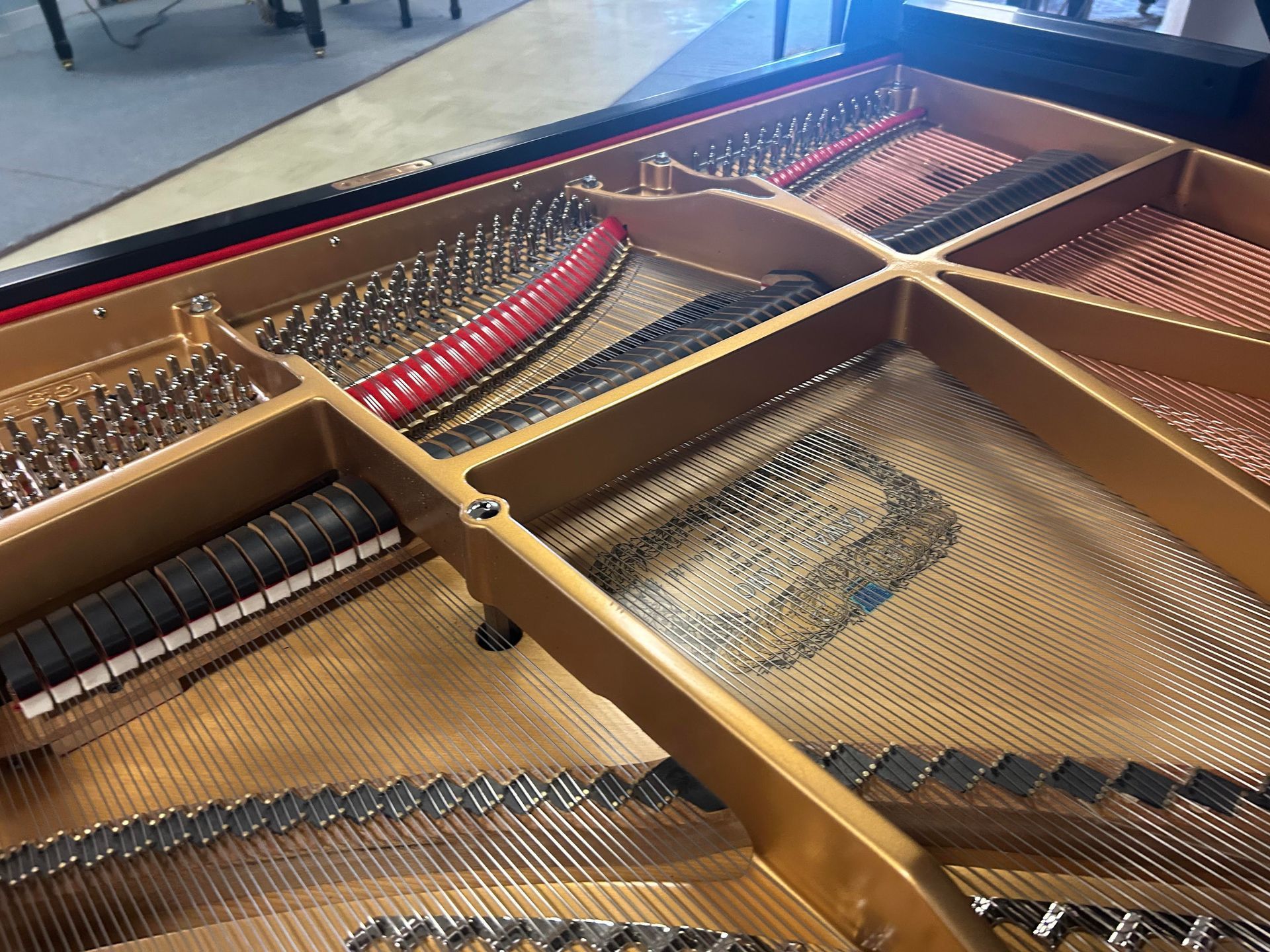 Inside of a grand piano: strings, soundboard, and frame in shades of gold, black, and red.