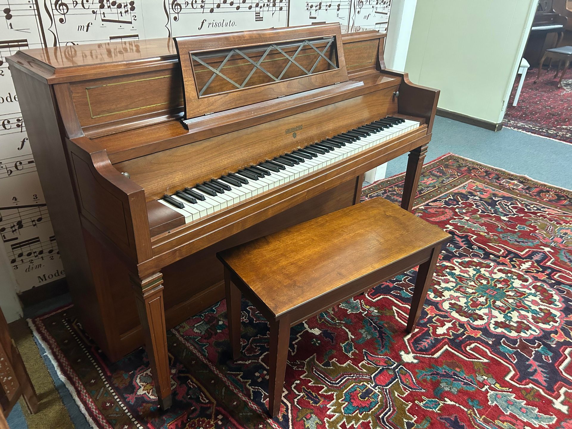 A piano with a bench is sitting on a rug in a room.