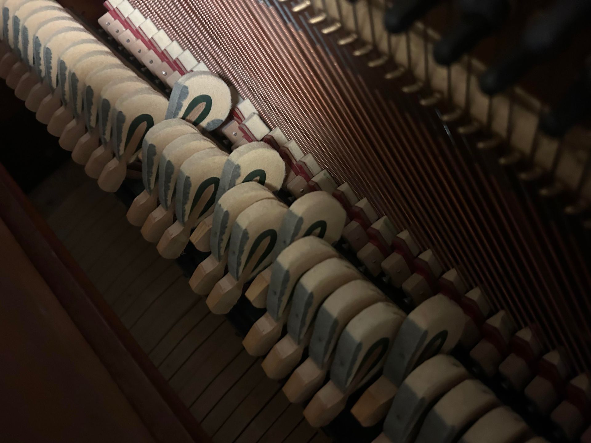 A close up of the inside of a piano showing the number 10
