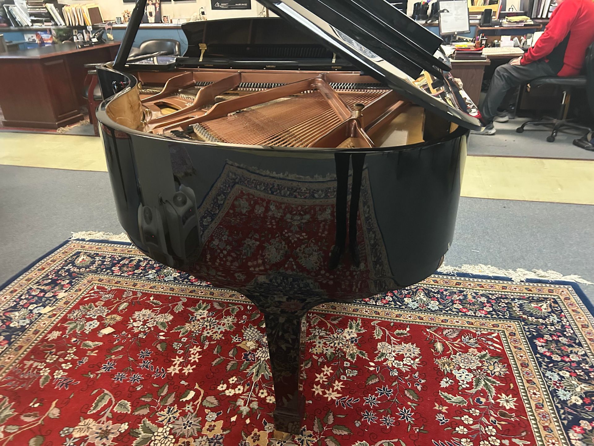 A black grand piano is sitting on a rug in a room.