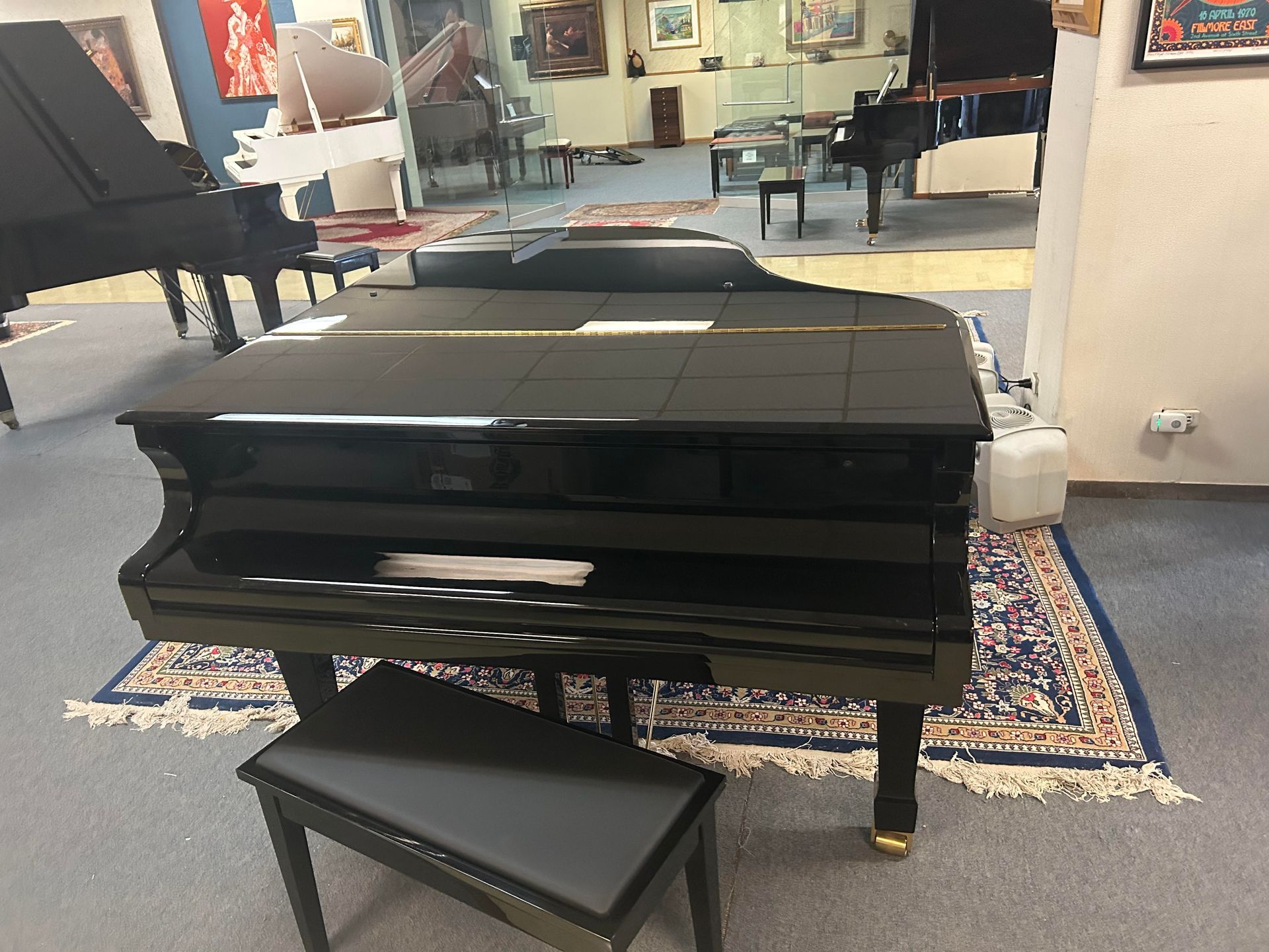 A black grand piano is sitting in a room with other pianos