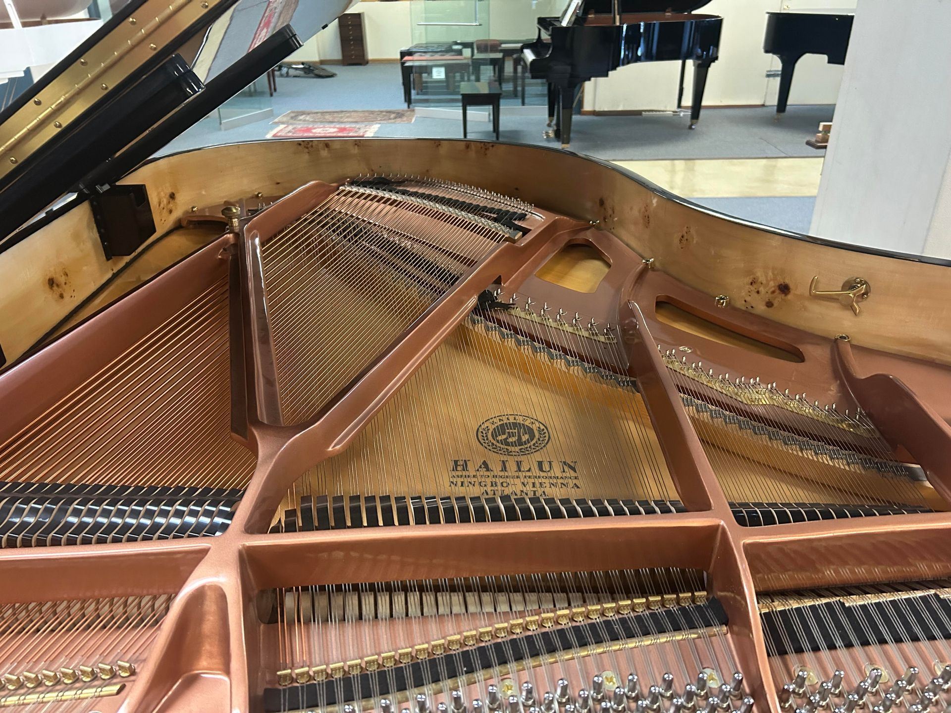 The inside of a grand piano with the lid open.