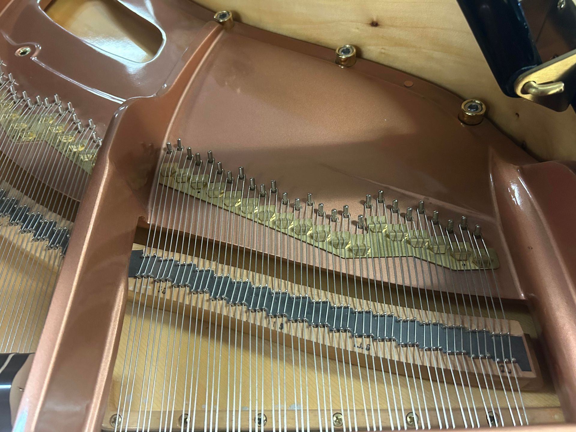 A close up of the inside of a grand piano