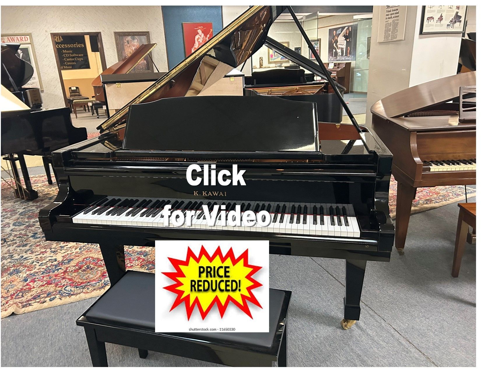 Black grand piano in a showroom;