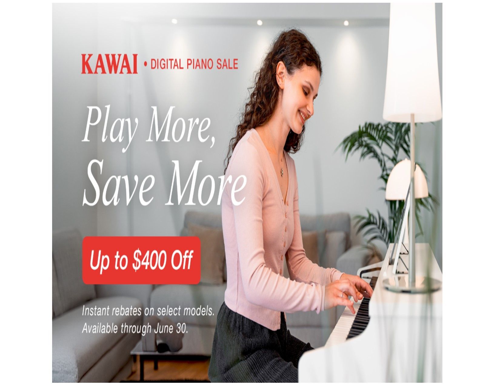 Kawai piano sale advertisement. Red text on light background framed with green boughs and candy canes.