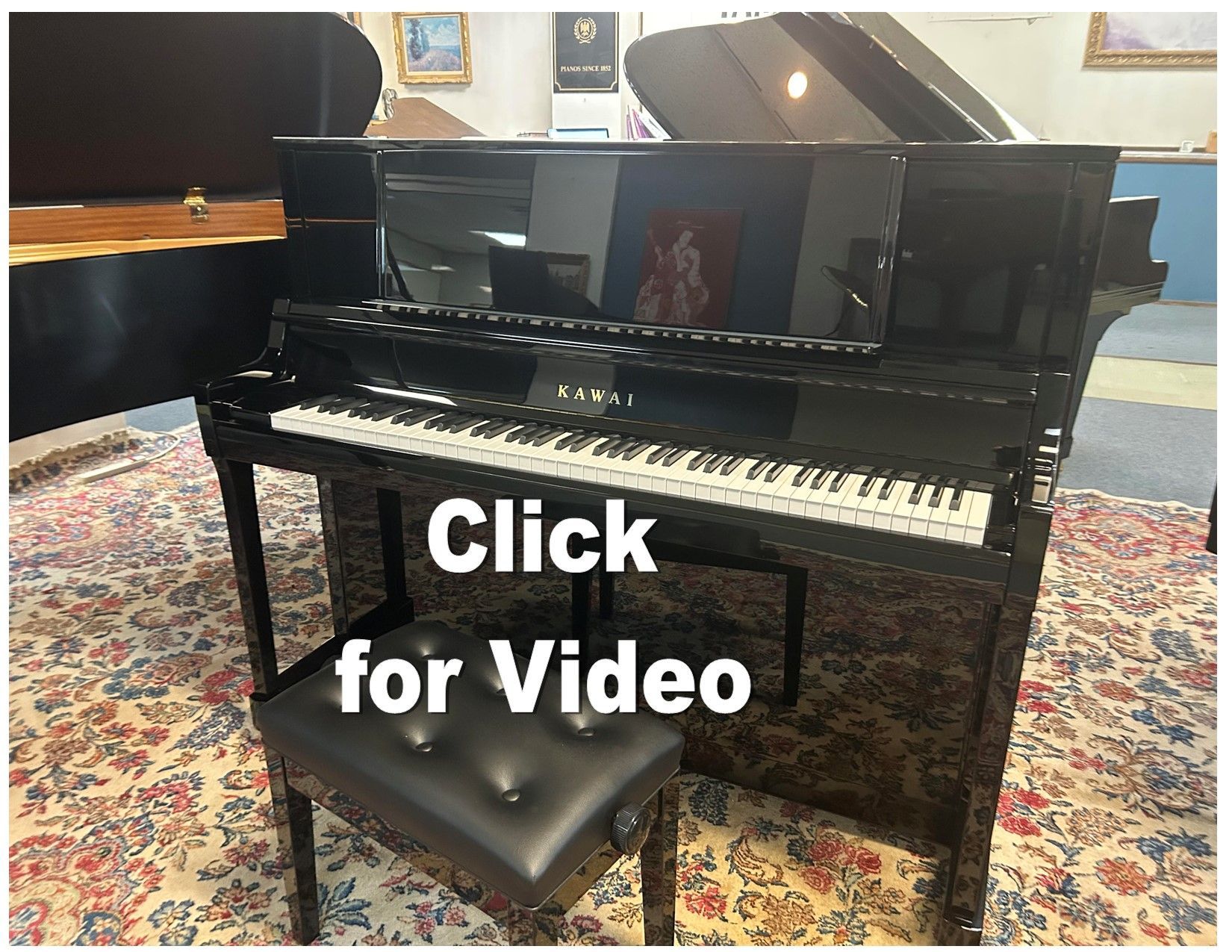 Black grand piano with matching stool, text overlay