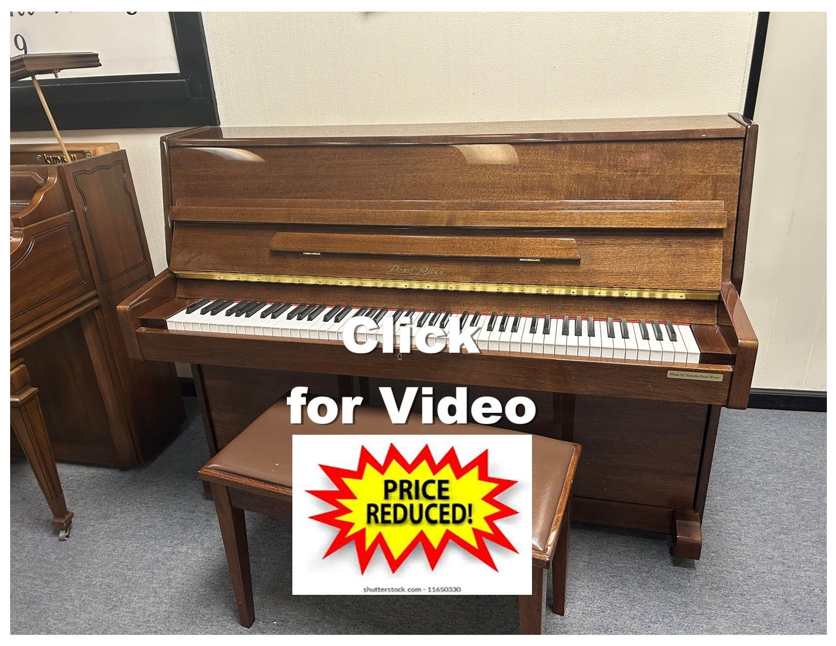 Upright wooden piano with bench; Click for Video text overlay.