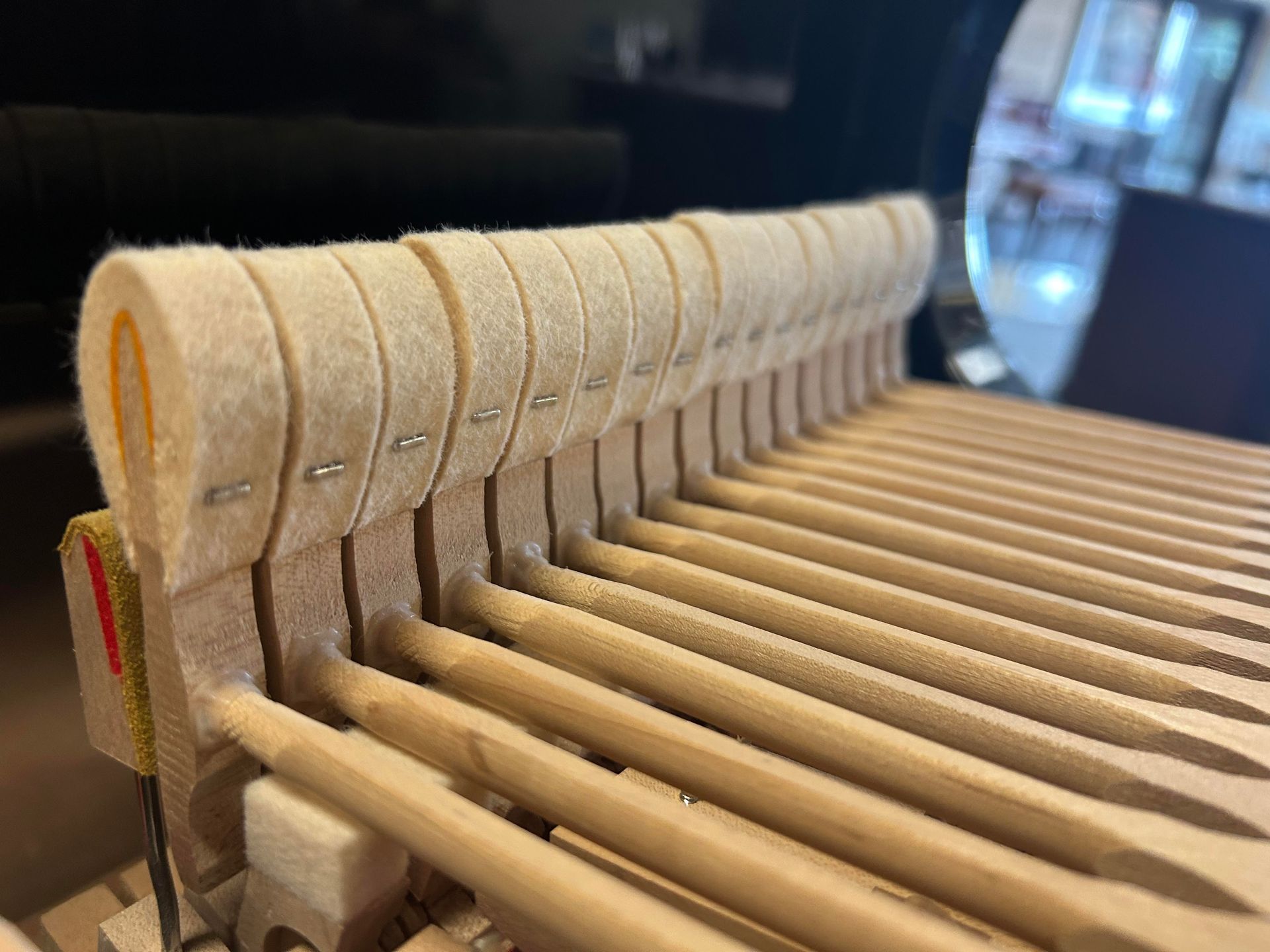 A close up of the inside of a piano.